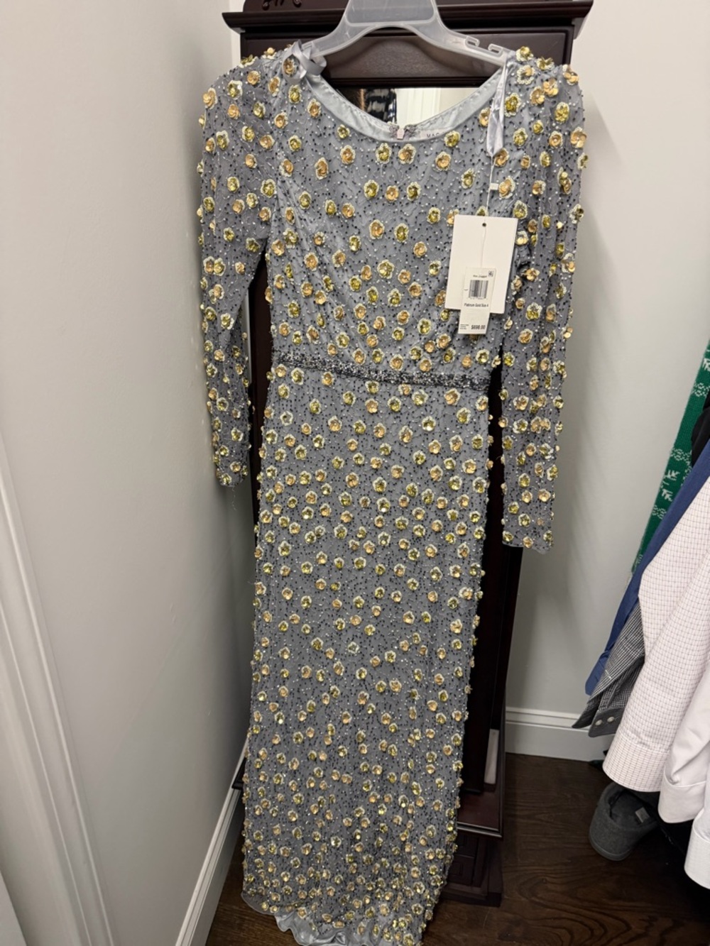 Mac Duggal Silver Gown with Gold Floral Embellishments — Long Sleeve